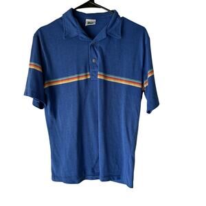 Vintage Off Shore Shirt Mens Medium Blue Polo Rainbow Stripe 70s 80s Surf Retro